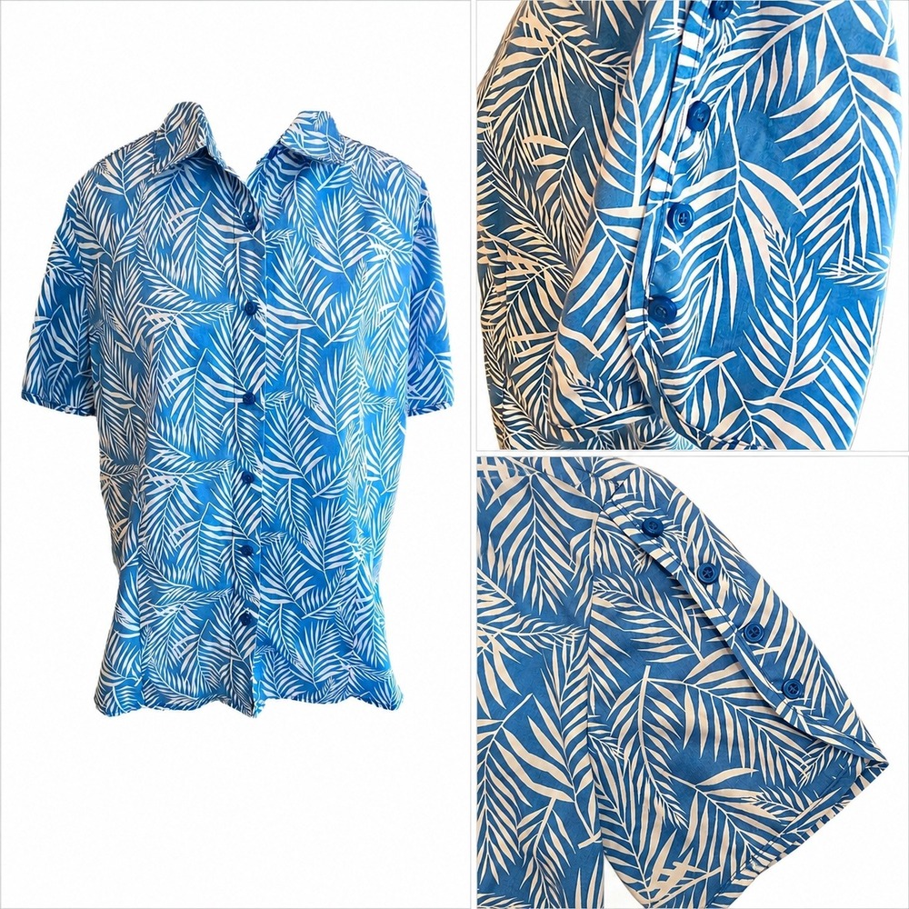 VTG 80/90s American Sweetheart Palm Leaf Shirt Blue White Button Sleeve Tropical